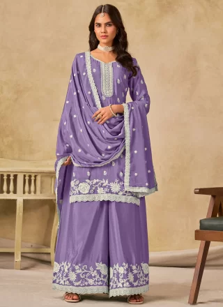Lavender Chinon Salwar Suit with Embroidered Work