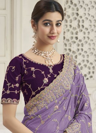 Lavender Cord, Embroidered, Hand, Thread, Zari and Zircon Work Georgette Classic Sari