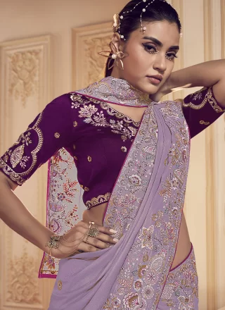 Lavender Cord, Hand, Sequins, Thread and Zari Work Georgette Contemporary Sari