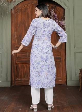 Lavender Cotton Designer Kurti with Digital Print and Embroidered Work for Women