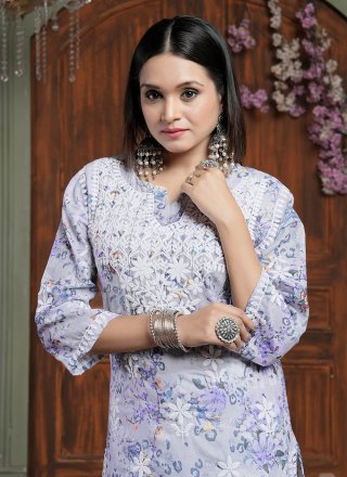 Lavender Cotton Designer Kurti with Digital Print and Embroidered Work for Women