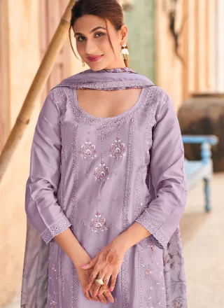 Lavender Cotton Embroidered Work Pant Style Suit