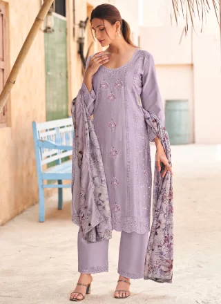 Lavender Cotton Embroidered Work Pant Style Suit
