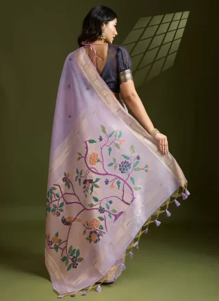 Lavender Cotton Floral Patch, Thread, Woven and Zari Work Designer Sari for Ceremonial