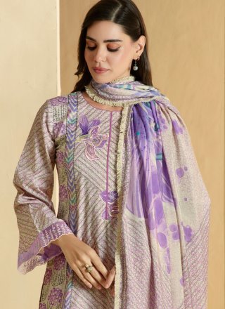 Lavender Cotton Lawn Beads, Digital Print, Embroidered, Resham and Sequins Work Pant Style Suit for Ceremonial