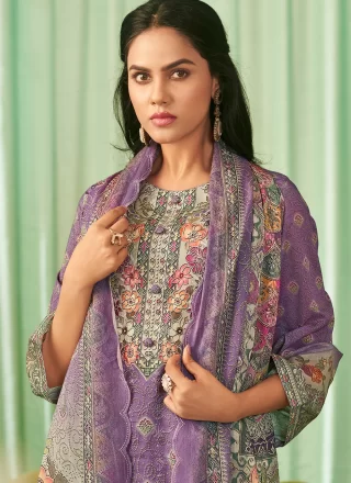 Lavender Cotton Lawn Salwar Suit with Digital Print, Embroidered and Resham Thread Work for Ceremonial