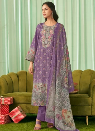 Lavender Cotton Lawn Salwar Suit with Digital Print, Embroidered and Resham Thread Work for Ceremonial