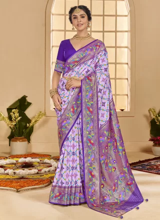 Lavender Cotton Silk Contemporary Saree with Patch Border and Print Work