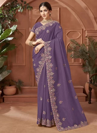 Lavender Crush Patch Border, Cut, Embroidered and Zari Work Trendy Saree for Ceremonial