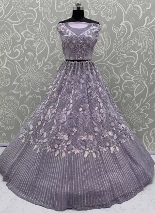 Lavender Dori, Embroidered, Sequins, Thread and Zircon Work Net Lehenga Choli