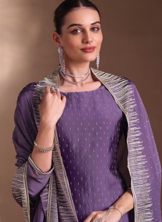 Lavender Embroidered and Swarovski Work Georgette Salwar Suit