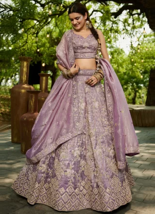 Lavender Embroidered, Sequins and Zari Work Tissue Lehenga Choli