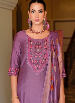 Lavender Embroidered Work Viscose Pant Style Suit