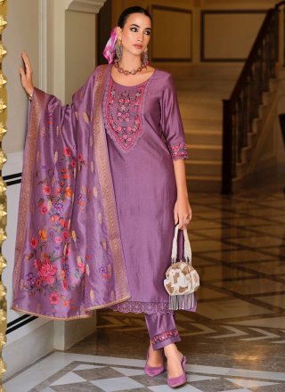 Lavender Embroidered Work Viscose Pant Style Suit
