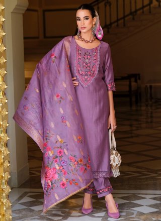Lavender Embroidered Work Viscose Pant Style Suit