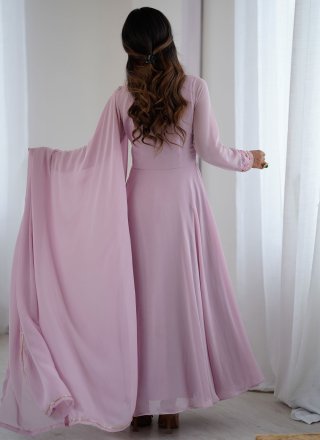 Lavender Faux Georgette Embroidered Work Floor Length Salwar Suit for Casual