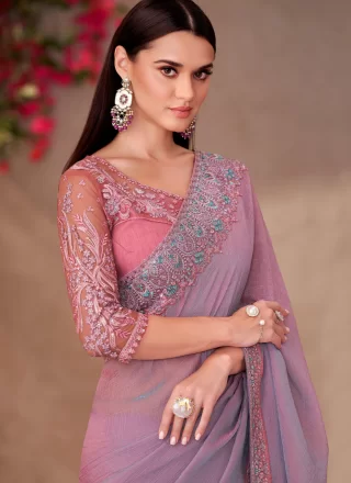Lavender Faux Georgette Patch Border and Embroidered Work Classic Saree for Ceremonial