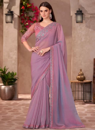 Lavender Faux Georgette Patch Border and Embroidered Work Classic Saree for Ceremonial