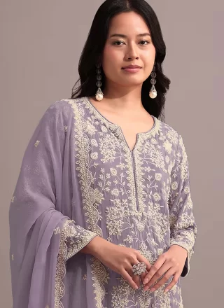 Lavender Faux Georgette Salwar Suit with Embroidered, Khatli and Thread Work