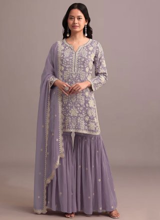 Lavender Faux Georgette Salwar Suit with Embroidered, Khatli and Thread Work