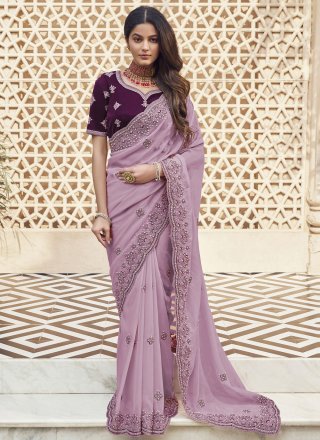 Lavender Georgette Contemporary Saree with Beads, Cord, Cut, Embroidered and Thread Work
