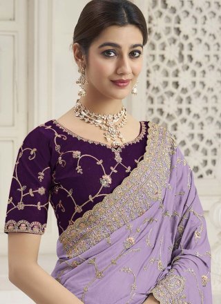 Lavender Georgette Cord, Embroidered, Hand, Thread, Zari and Zircon Work Traditional Saree for Ceremonial