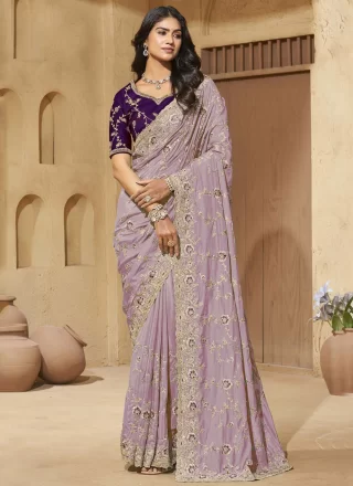 Lavender Georgette Designer Saree with Cord, Diamond and Thread Work
