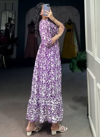 Lavender Georgette Print Work Gown for Ceremonial