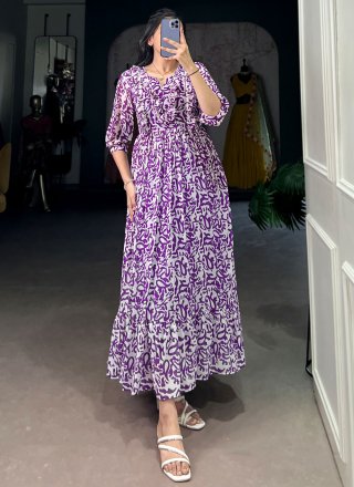 Lavender Georgette Print Work Gown for Ceremonial