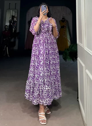 Lavender Georgette Print Work Gown for Ceremonial