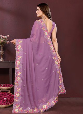 Lavender Georgette Trendy Saree with Embroidered Work