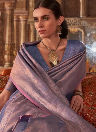 Lavender Handloom Silk Classic Sari with Weaving and Zari Work for Ceremonial