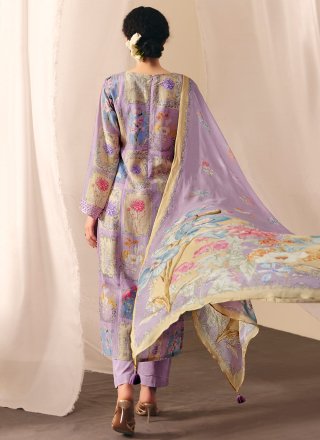 Lavender Muslin Digital Print, Embroidered and Resham Work Salwar Suit