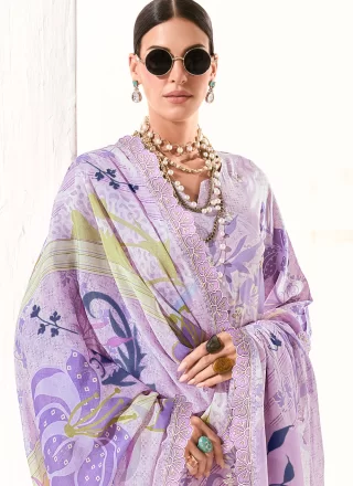 Lavender Muslin Salwar Suit with Digital Print, Embroidered, Patch Border and Resham Work for Ceremonial