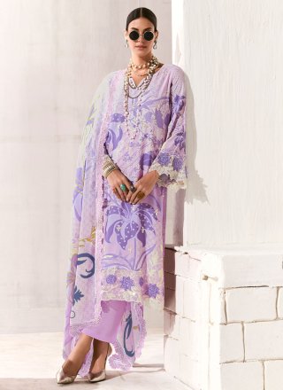 Lavender Muslin Salwar Suit with Digital Print, Embroidered, Patch Border and Resham Work for Ceremonial