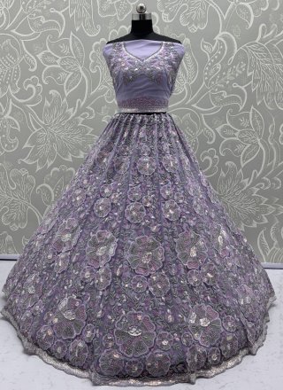 Lavender Net Diamond, Dori, Embroidered, Floral Patch, Multi, Sequins, Thread and Zircon Work A - Line Lehenga Choli