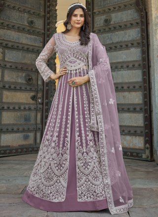 Lavender Net Embroidered and Stone Work Lehenga Choli for Engagement