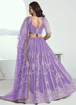 Lavender Net Embroidered, Lace, Sequins and Zari Work Lehenga Choli for Engagement