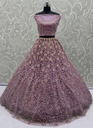 Lavender Net Embroidered, Multi, Sequins, Thread, Zari and Zircon Work A - Line Lehenga Choli