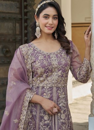 Lavender Net Floor Length Salwar Suit with Embroidered, Stone and Zari Work for Party