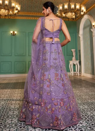 Lavender Net Lehenga Choli with Beads and Embroidered Work