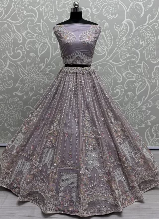 Lavender Net Lehenga Choli with Beads, Crystals, Dimond, Hand, Mirror, Moti and Sequins Work