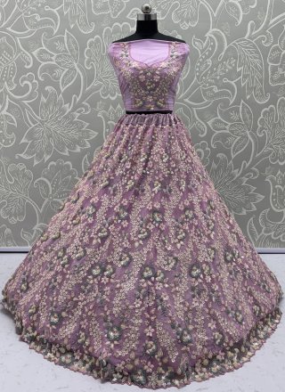 Lavender Net Lehenga Choli with Embroidered, Fancy, Floral Patch, Multi, Sequins and Thread Work