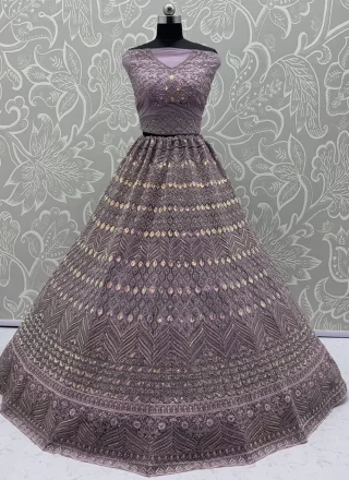 Lavender Net Lehenga Choli with Embroidered, Sequins, Zari and Zircon Work for Engagement