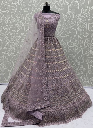 Lavender Net Lehenga Choli with Embroidered, Sequins, Zari and Zircon Work for Engagement