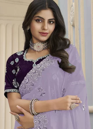 Lavender Organza Beads, Cord, Cut and Thread Work Contemporary Saree