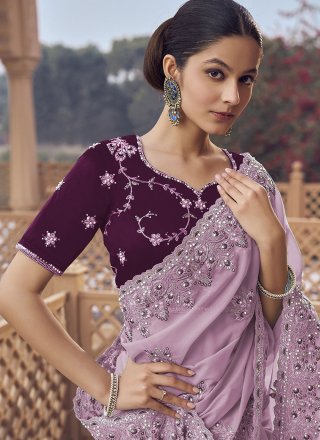 Lavender Organza Cord, Cut, Embroidered, Hand and Zari Work Designer Sari for Party