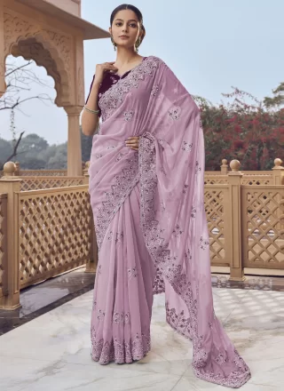 Lavender Organza Cord, Cut, Embroidered, Hand and Zari Work Designer Sari for Party
