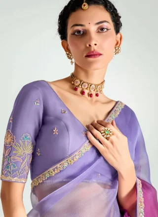 Lavender Organza Trendy Saree with Patch Border, Embroidered and Zari Work