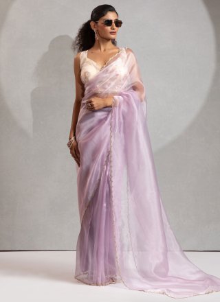 Lavender Organza Zircon Work Contemporary Saree